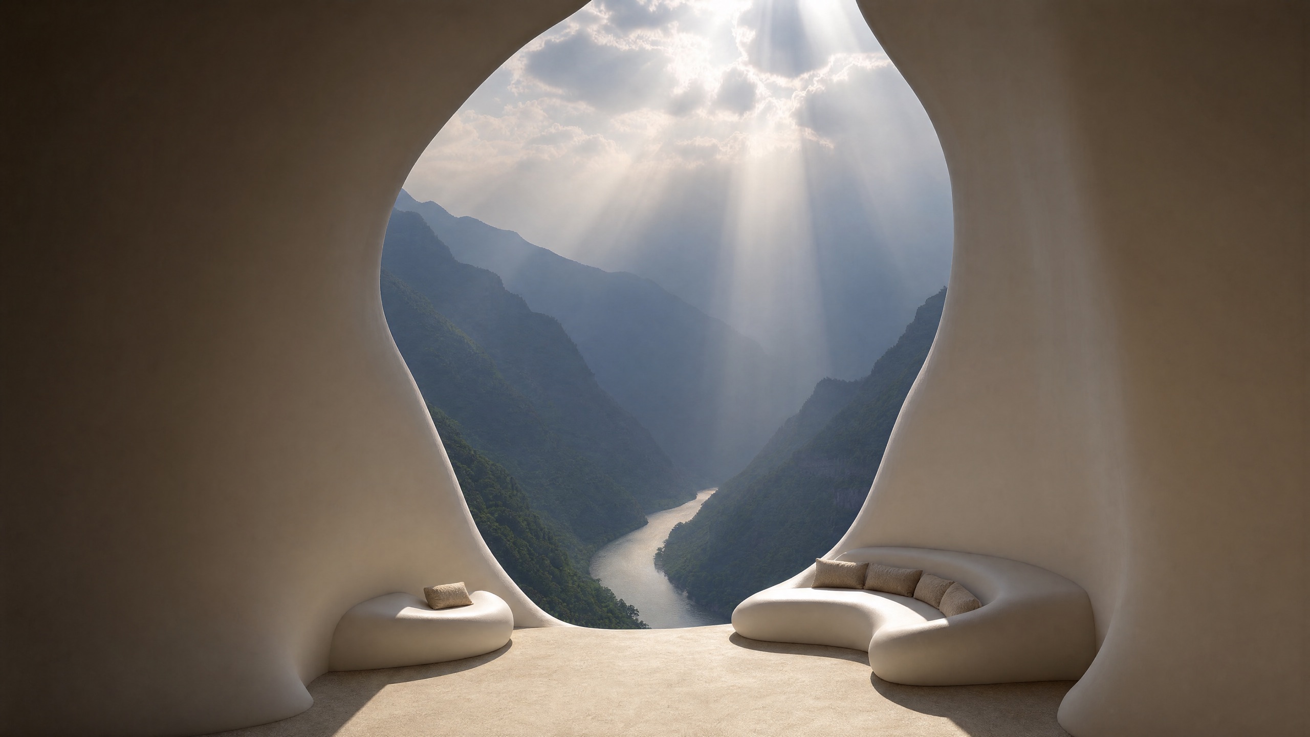 A quiet interior opening onto a mountain valley